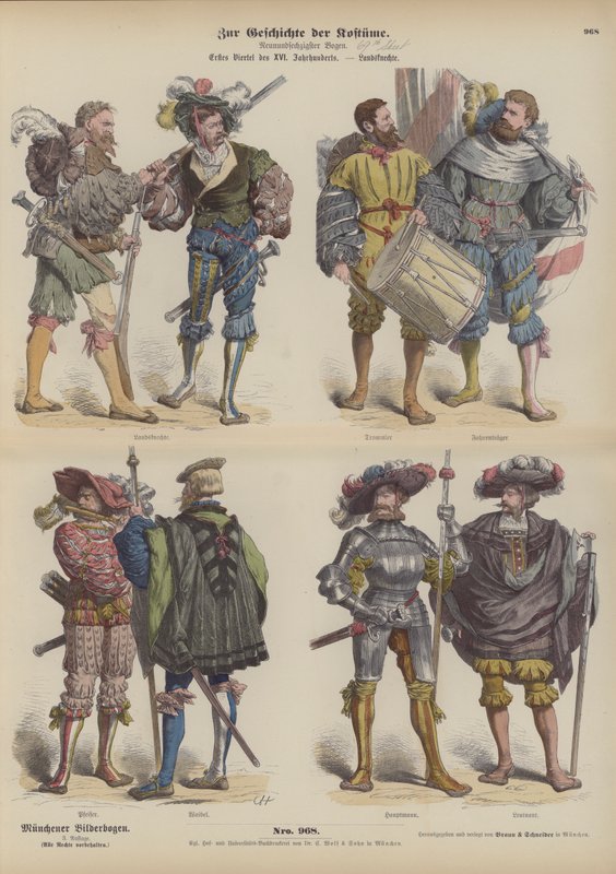 Tyske Landsknechte (leiesoldater), tidlig på 1500-tallet (farget gravering) av German School