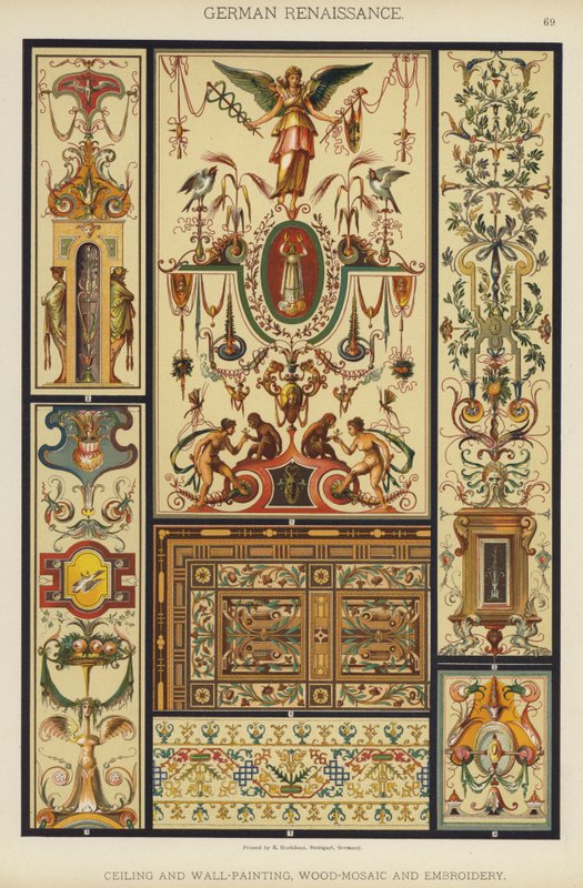 Tysk renessanse, tak- og veggmaling, tre-mosaikk og broderi (farge litho) av German School