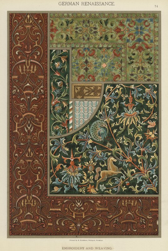 Tysk renessanse, broderi og veving (farge litho) av German School