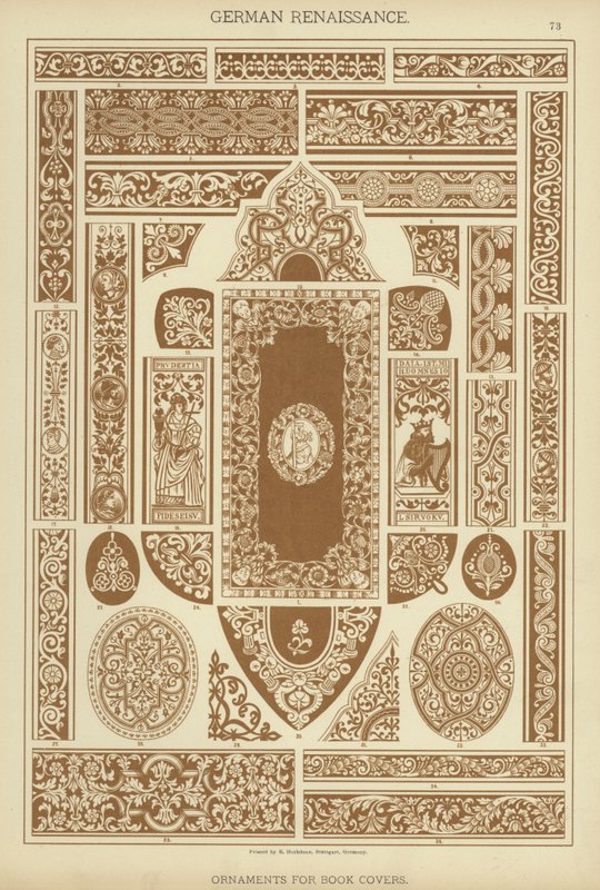 Tysk renessanse, ornamenter for bokomslag (farge litho) av German School