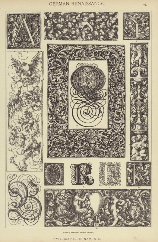 Tysk renessanse, typografiske ornamenter (farge litho) av German School