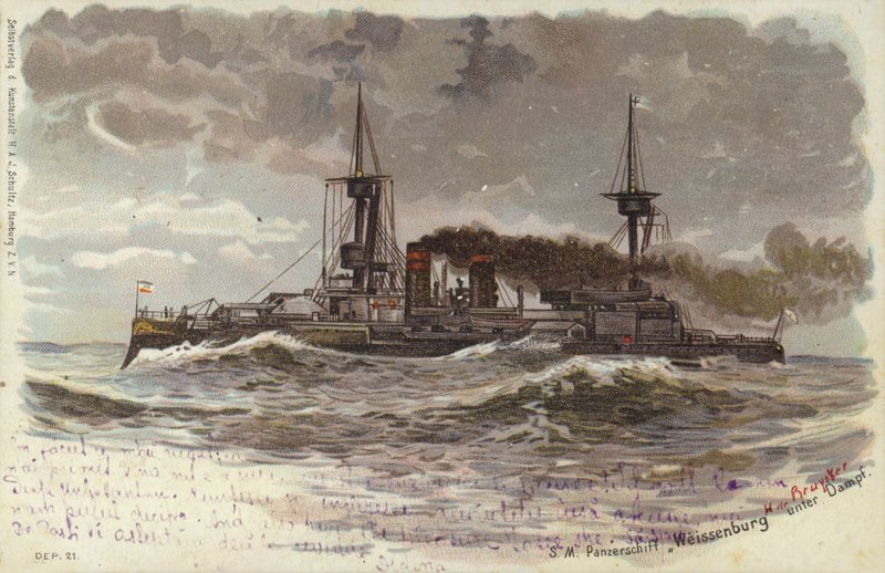 Tysk slagskip SMS Weissenburg, sent på 1800- eller tidlig på 1900-tallet (farge litho) av German School