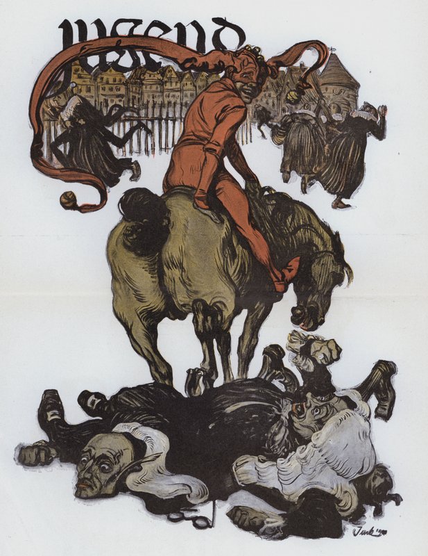Tysk tegneserie fra magasinet Jugend (farge litho) av German School