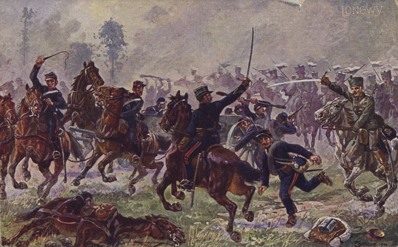Tyske husarer erobrer franske kanoner ved Longwy, første verdenskrig, 22. august 1914 (fargelitografi) av German School