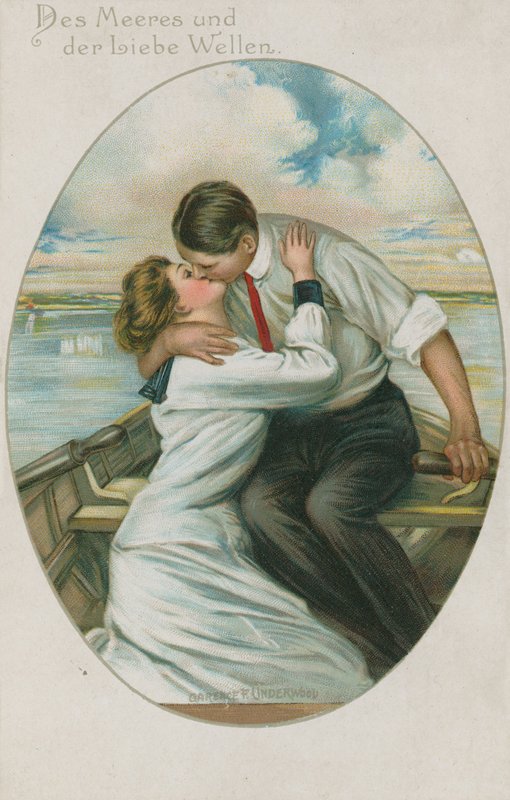 Tysk mann og kvinne kysser i en båt, postkort sendt 10. september 1913 av German School