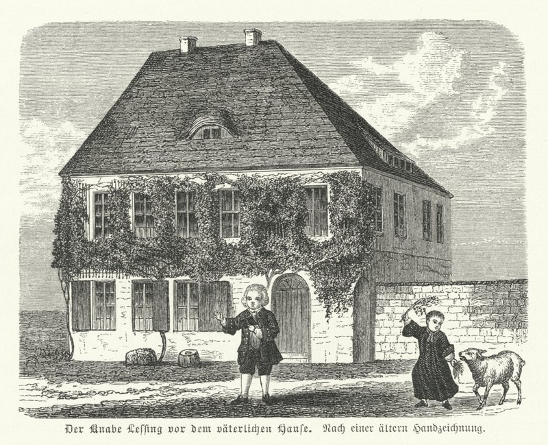 Den tyske filosofen og dramatikeren Gotthold Ephraim Lessing utenfor farens hus i Kamenz som gutt (gravering) av German School