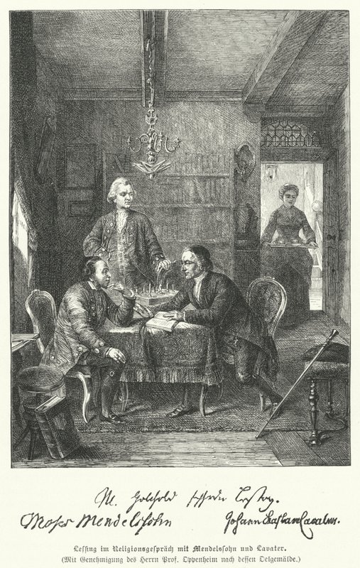 Tysk filosof og dramatiker diskuterer religion med Moses Mendelssohn og Johann Kaspar Lavater (gravering) av German School