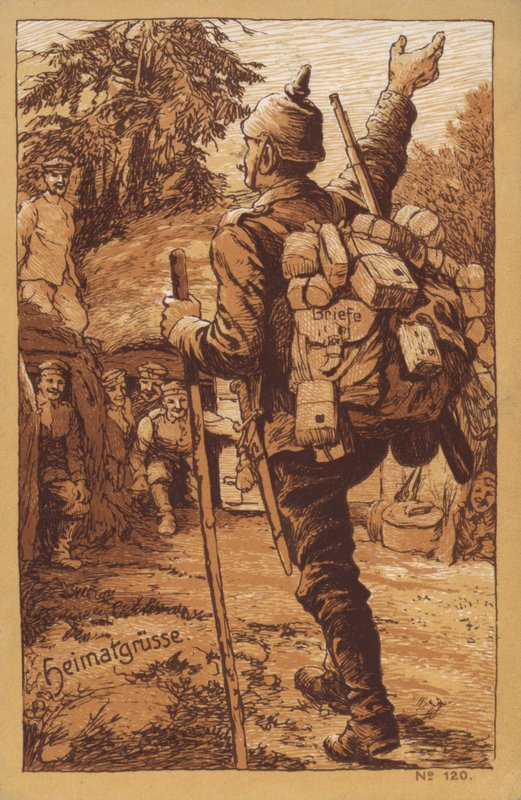 Tysk soldat som bærer post og får en varm velkomst når han kommer tilbake til enheten sin (lito). av German School