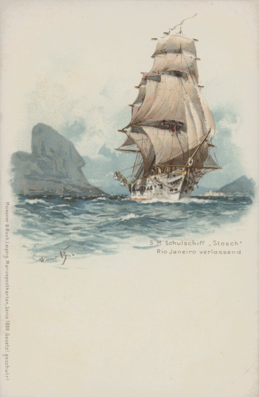 Det tyske treningsskipet Stosch forlater Rio de Janeiro, Brasil (chromolitho) av German School