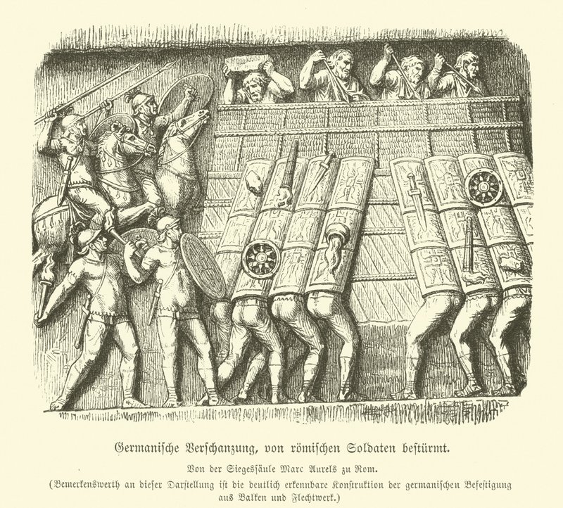 Germansk festningsverk under angrep av romerske soldater (gravering) av German School