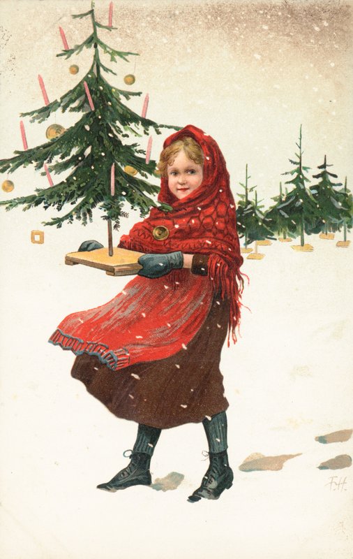 Jente som bærer et lite juletre i snøen av German School