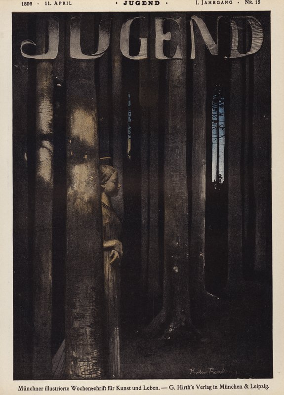 Jente som går i en skog om natten (farge litho) av German School