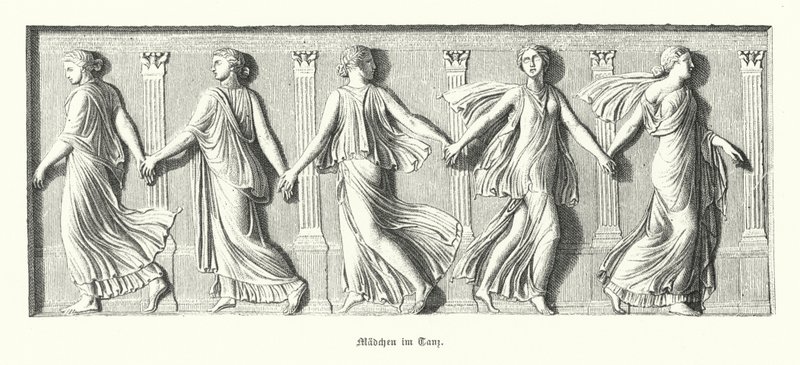 Jenter danser, antikkens Hellas (gravering) av German School