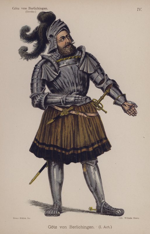 Gotz von Berlichingen, tittelfigur fra stykket av Goethe (farge litho) av German School