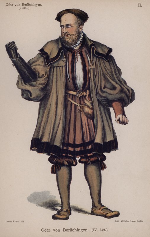 Gotz von Berlichingen, tittelfigur fra stykket av Goethe (farge litho) av German School