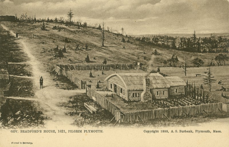 Guvernør William Bradfords hus, Plymouth Colony (litho) av German School