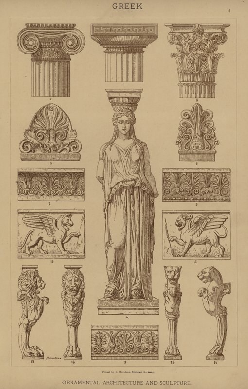 Gresk, dekorativ arkitektur og skulptur (farge litho) av German School