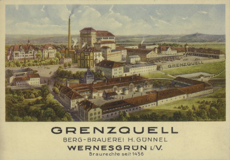 Grenzquell Brewery, Wernesgrun, Sachsen, Tyskland (farge litho) av German School