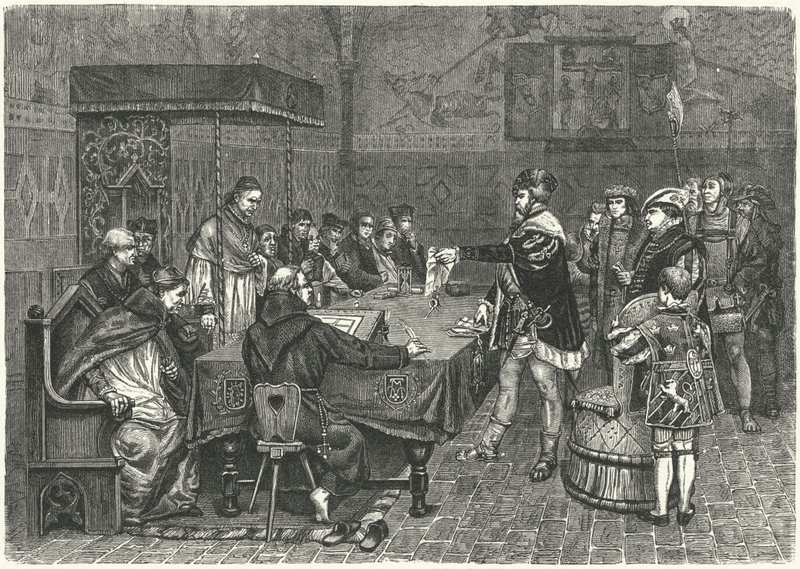 Gustav I Vasa, konge av Sverige, konfronterer Peter Sunnanvader, biskop av Västerås av German School