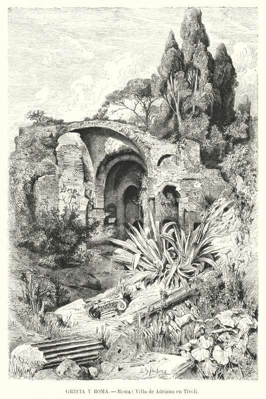 Hadrians villa, Tivoli, Italia (litho) av German School