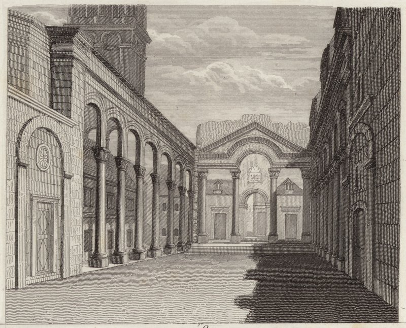 Hall av palasset til den romerske keiseren Diokletian, Spalato (Split, Kroatia). Illustrasjon for Bilder-Atlas (gravering) av German School