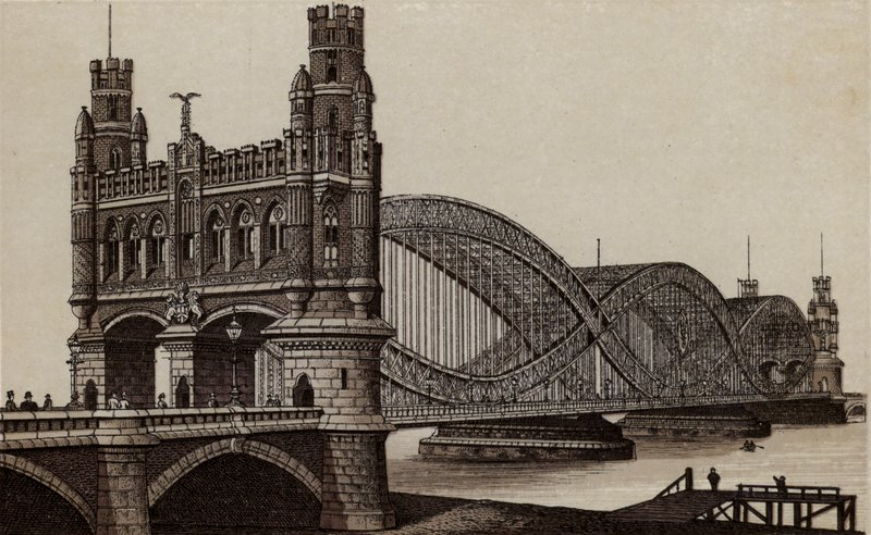Hamburg: Neue Elbbrücke, Ny bro over Elben (litho) av German School