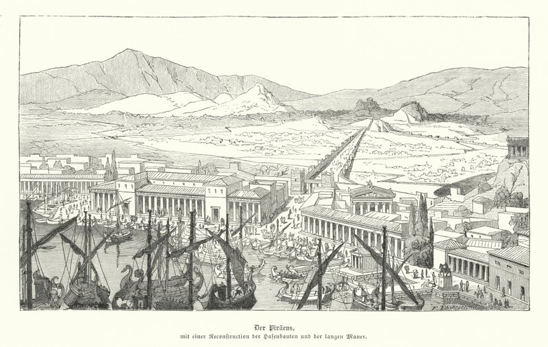 Havnen i Pireus, antikkens Hellas (gravering) av German School
