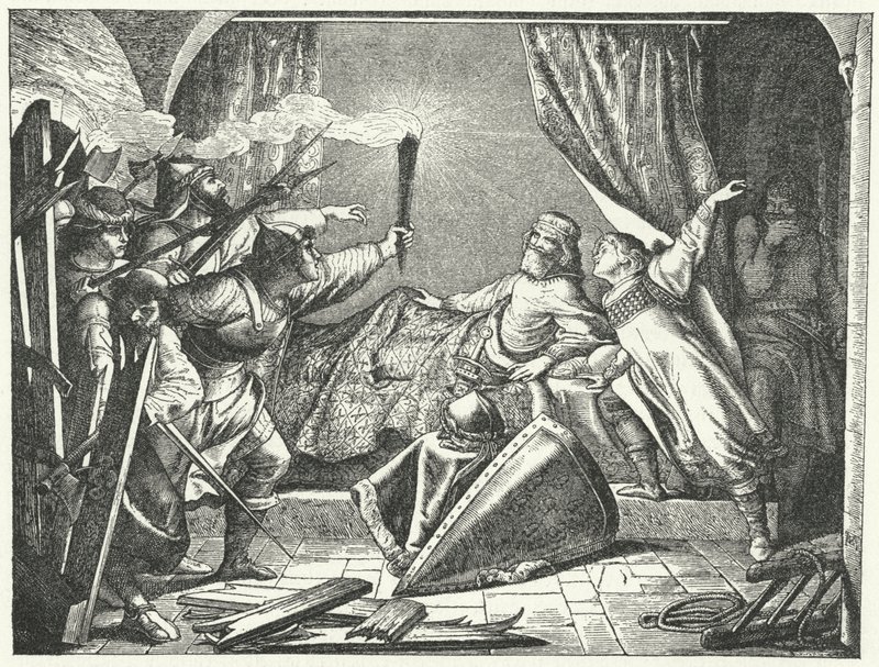 Hartmann av Siebenich forkledd som Frederick Barbarossa for å gjøre det mulig for keiseren å rømme fra Susa, Italia av German School
