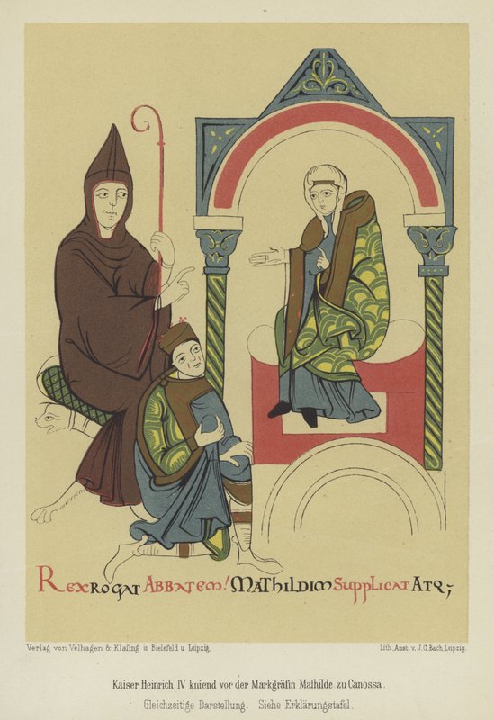 Henry IV, den hellige romerske keiseren, kneler foran markgrevinen Matilda fra Toscana ved Canossa av German School