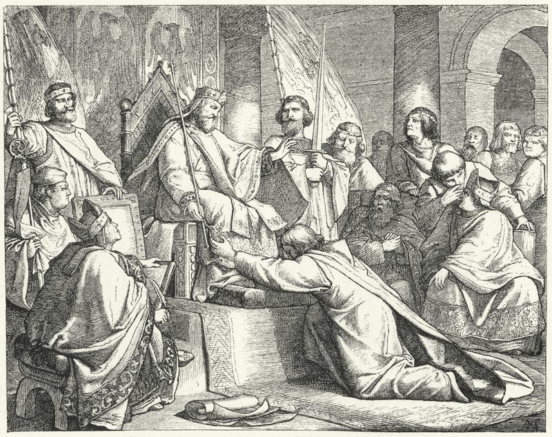 Henry the Lion, hertugen av Sachsen, underkaster seg Frederick Barbarossa i Erfurt av German School