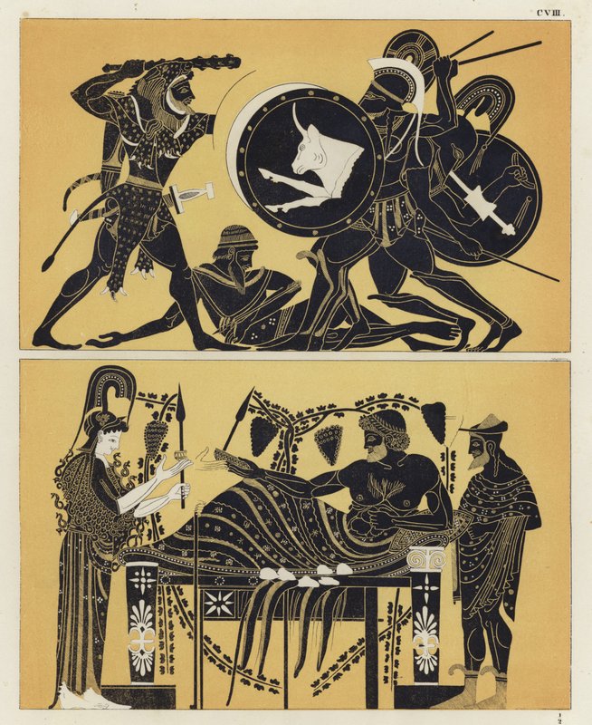 Hercules kjemper mot Geryon og Geryon med Athena og Dionysos av German School
