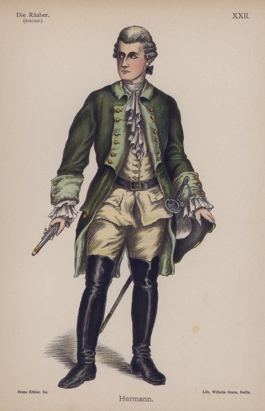 Hermann, fra Die Rauber (Røverne) av Friedrich Schiller (farge litho) av German School