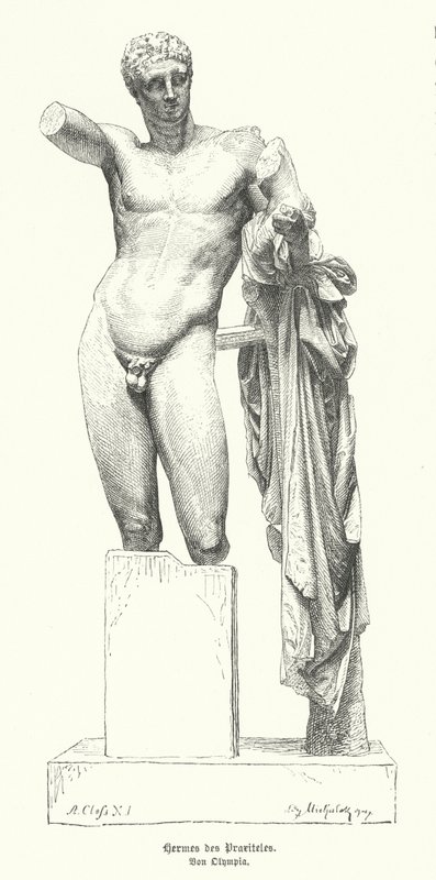 Hermes and the Infant Dionysus, statue av den antikke greske billedhuggeren Praxiteles oppdaget i ruinene av Temple of Hera, Olympia (gravering) av German School