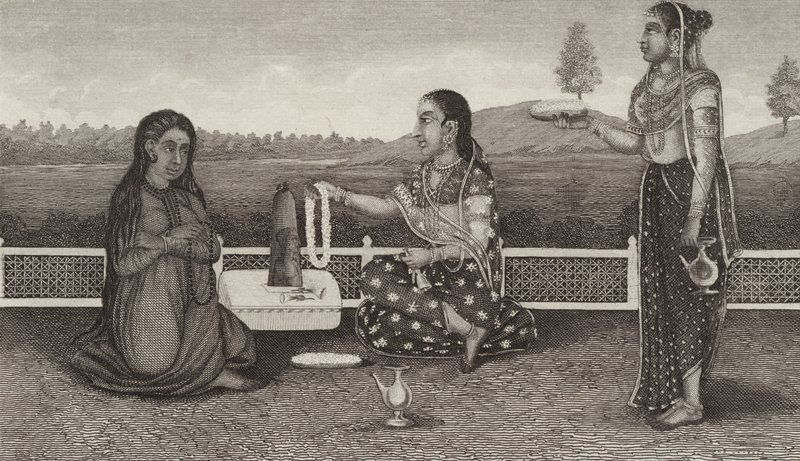 Hinduisk ære for de døde, India. Illustrasjon for Bilder-Atlas (gravering) av German School