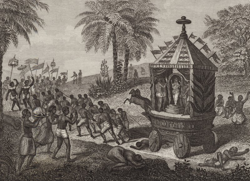 Hindutilbedere trekker en bil av Juggernaut i det gamle India. Illustrasjon for Bilder-Atlas (gravering) av German School