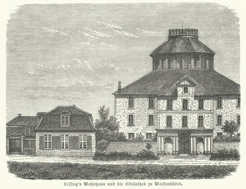 Hjemmet til den tyske filosofen og dramatikeren Gotthold Ephraim Lessing og biblioteket i Wolfenbuettel (gravering) av German School