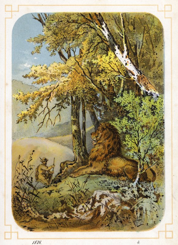 Jeger som nærmer seg løve (farge litho) av German School