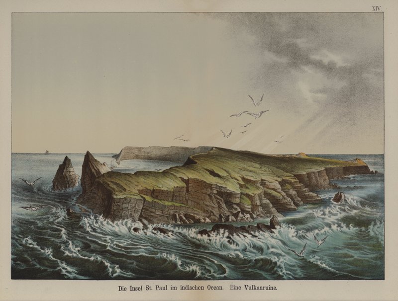 Ile Saint-Paul, vulkansk øy i Det indiske hav (farge litho) av German School