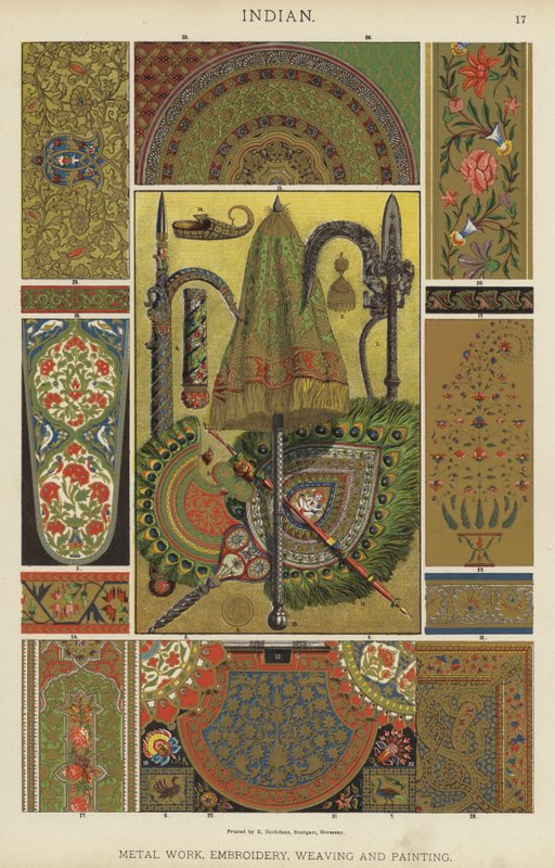 Indisk, metallarbeid, broderi, veving og maling (farge litho) av German School