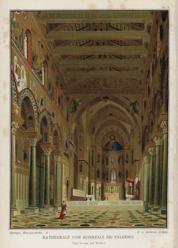 Interiør, katedralen i Monreale, Palermo, Sicilia, Italia (farge litho) av German School