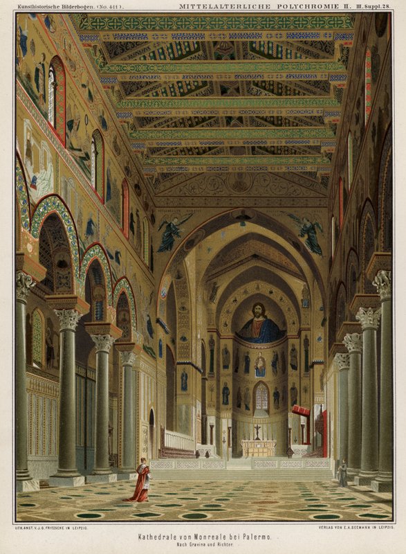 Interiør i Monreale katedral, Palermo, Sicilia, Italia (farge litho) av German School