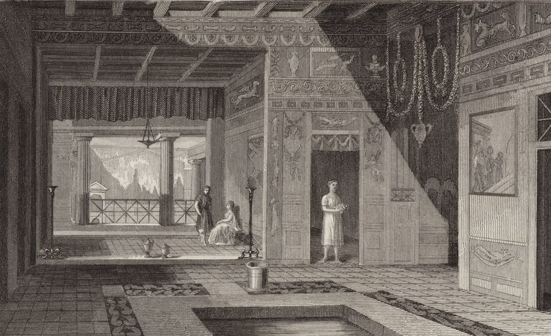 Interiør i et romersk hus i Pompeii. Illustrasjon for Bilder-Atlas (gravering) av German School