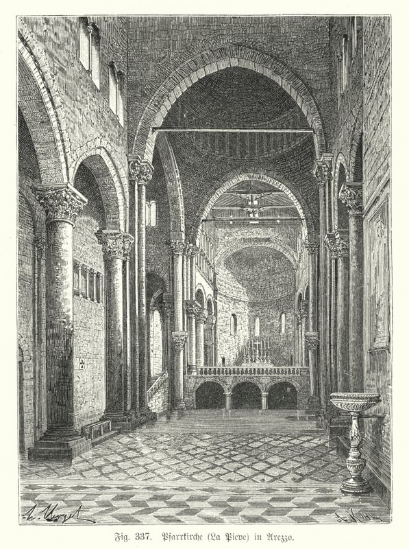 Interiør i kirken Santa Maria della Pieve, Arezzo, Italia (gravering) av German School