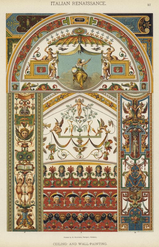 Italiensk renessanse, tak og veggmaling (farge litho) av German School