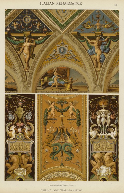 Italiensk renessanse, tak og veggmaling (farge litho) av German School