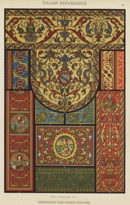 Italiensk renessanse, broderi og teppeveving (farge litho) av German School