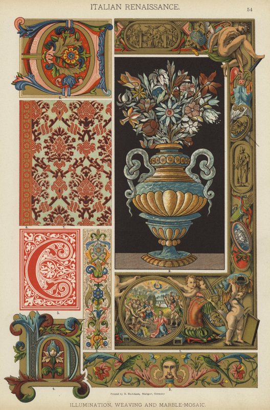 Italiensk renessanse, belysning, veving og marmor-mosaikk (farge litho) av German School