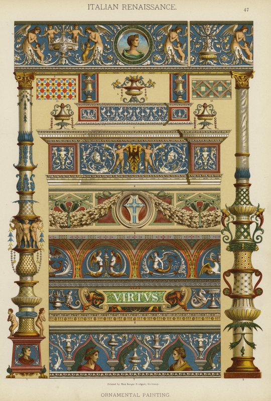 Italiensk renessanse, prydmaleri (litho-farge) av German School