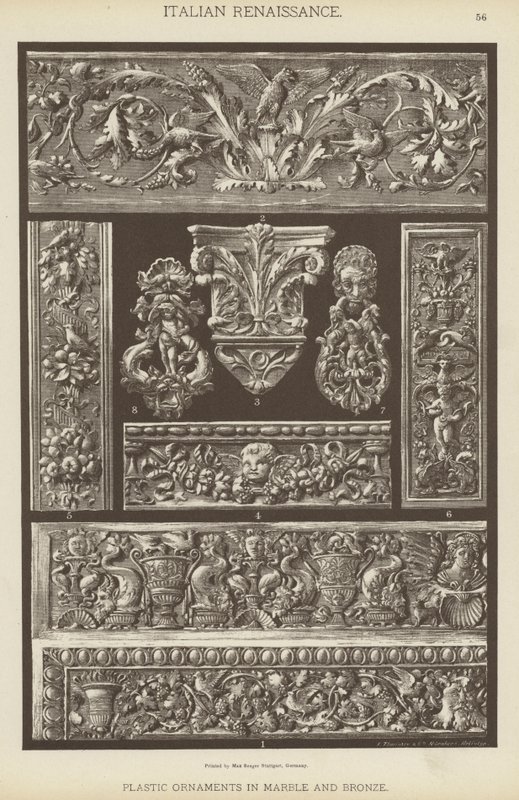 Italiensk renessanse, plastdekor i marmor og bronse (farge litho) av German School