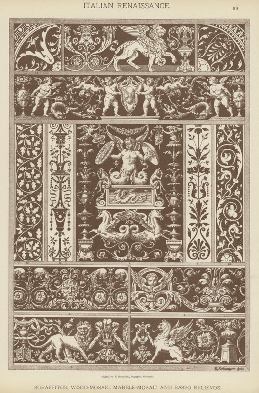 Italiensk renessanse, sgraffitos, tre-mosaikk, marmor-mosaikk og Basso Relievos (farge litho) av German School